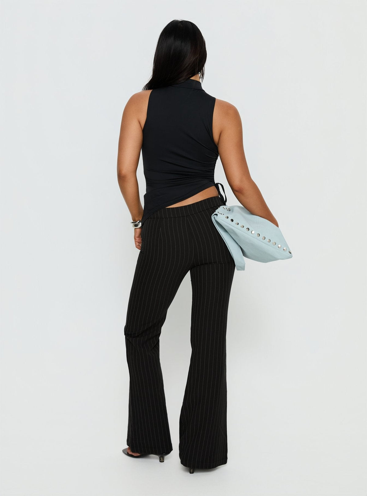 Louder Please Tie Side Straight Leg Pants Black Pinstripe