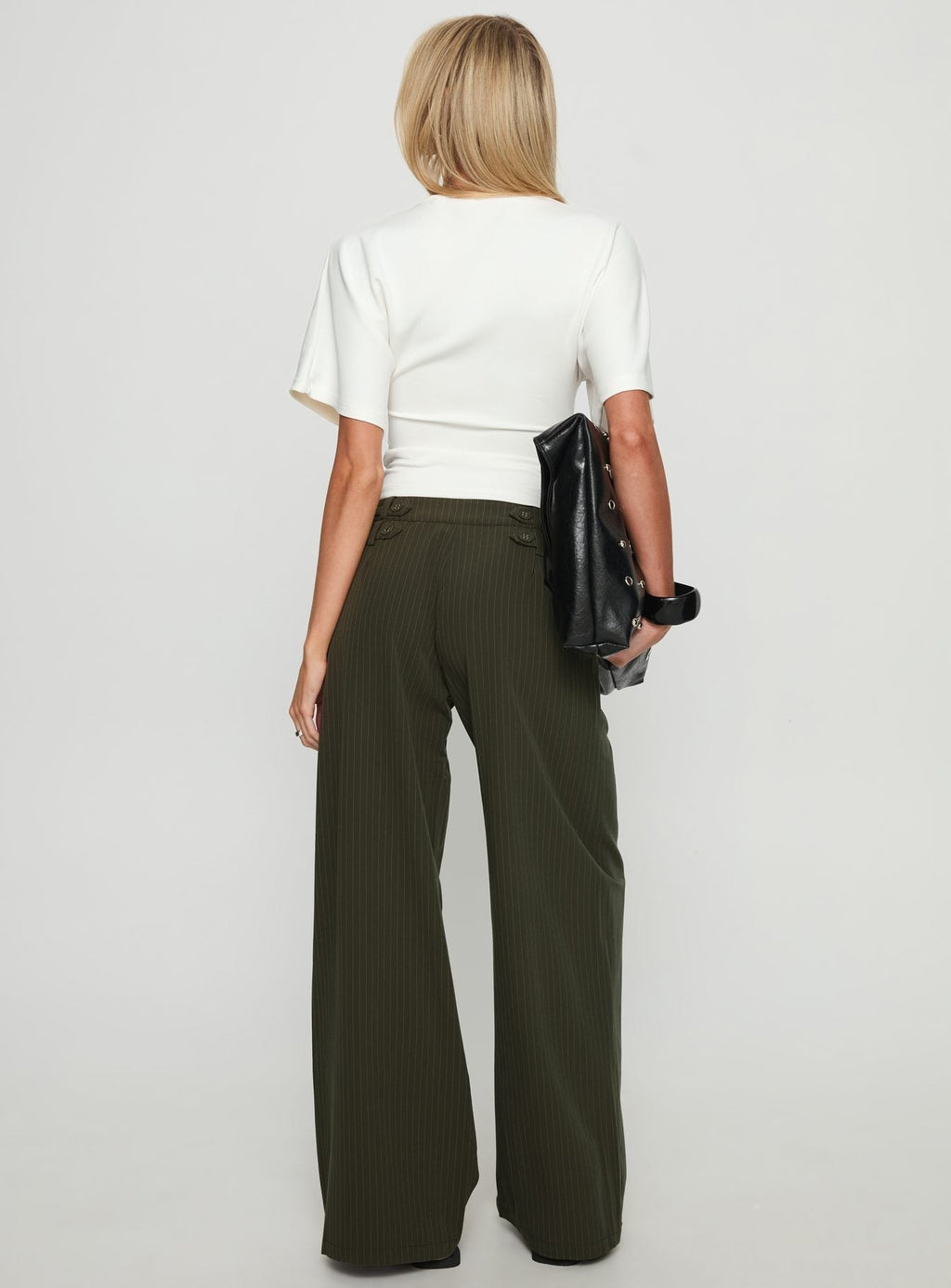 Jette Tailored Buckle Pant Green Pinstripe