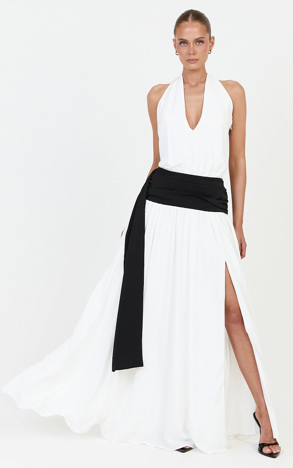 Erin Maxi Dress - Plunge Halter Neck Draped Dropped Waist Sash Dress in Cream