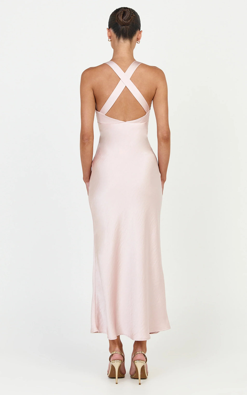 Khalani Midi Dress - Deep V Neck Satin Slip Dress in Light Pink