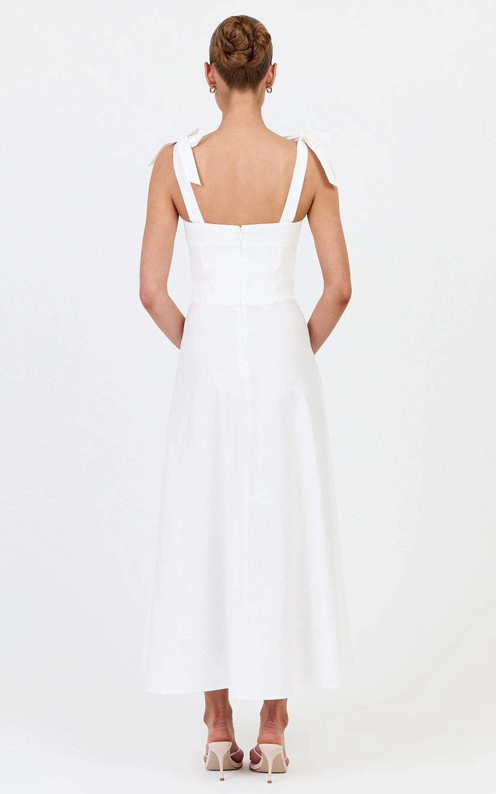 Vionette Midi Dress - Tie Shoulder Ruched Bust Corset Dress in White