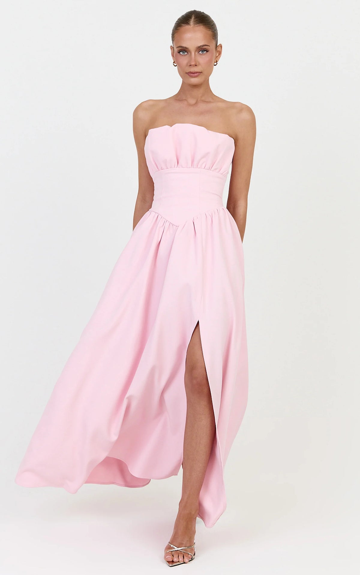 Juno Maxi Dress - Strapless Structured Ruffle Fit And Flare Dress in Ice Baby Pink