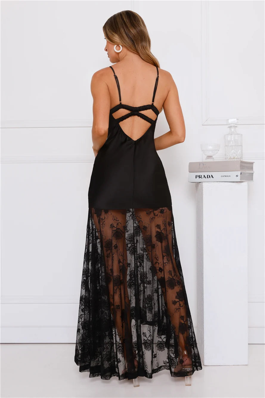 Outgoing Satin Lace Maxi Dress Black