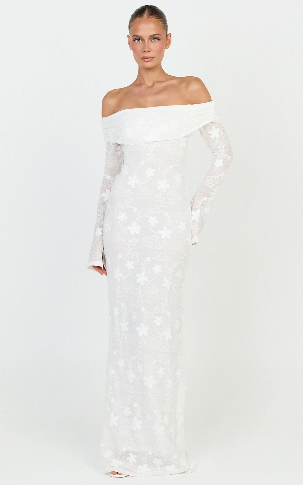 Aurelle Maxi Dress - Off Shoulder Floral Embroidered Dress in Ivory