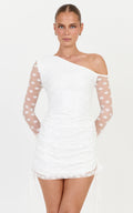 Bessette Mini Dress - Polka Dot Mesh Long Sleeve Dress in Ivory