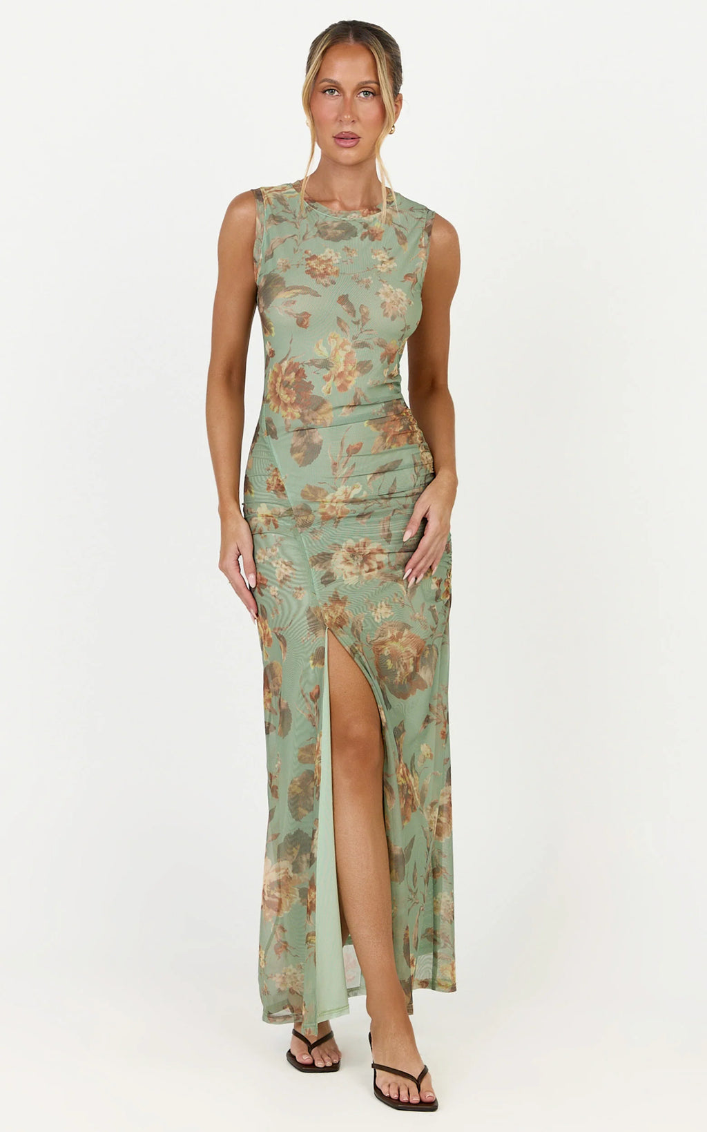 Amy Maxi Dress - Gathered Detail Front Split Sleeveless Dress in Multi