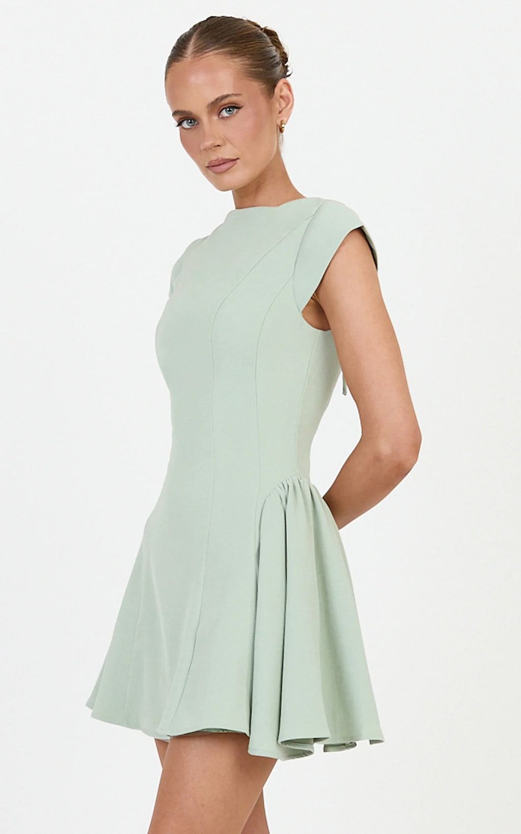 Lorayne Mini Dress - Cap Sleeve Gathered Hip Tie Back Mini Dress in Sage