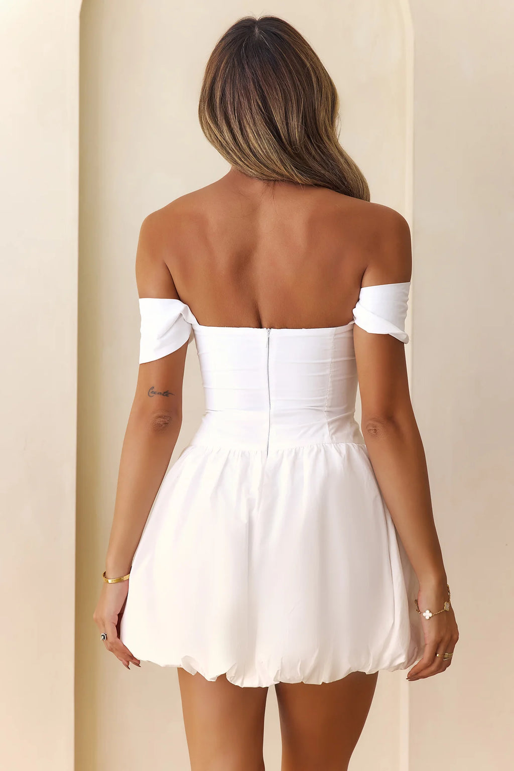 Classic Romance Off Shoulder Bubble Mini Dress White