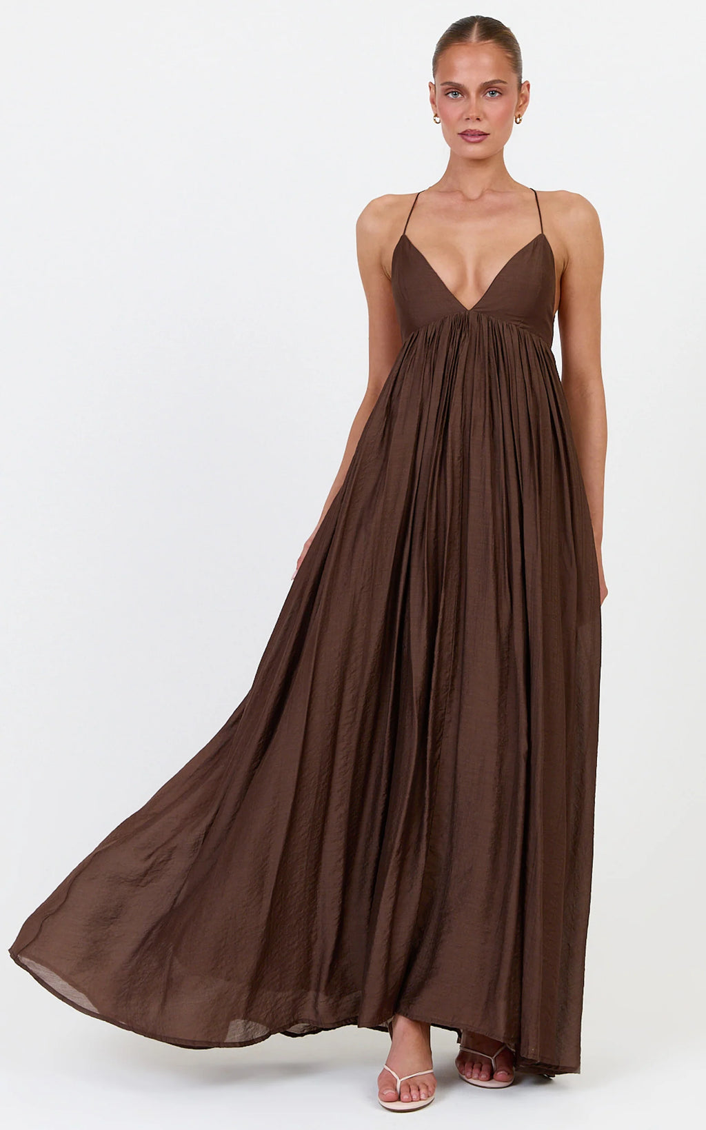 Kourtney Maxi Dress - V Neck Fit And Flare Dress With Tie Back Detail in Chocolate