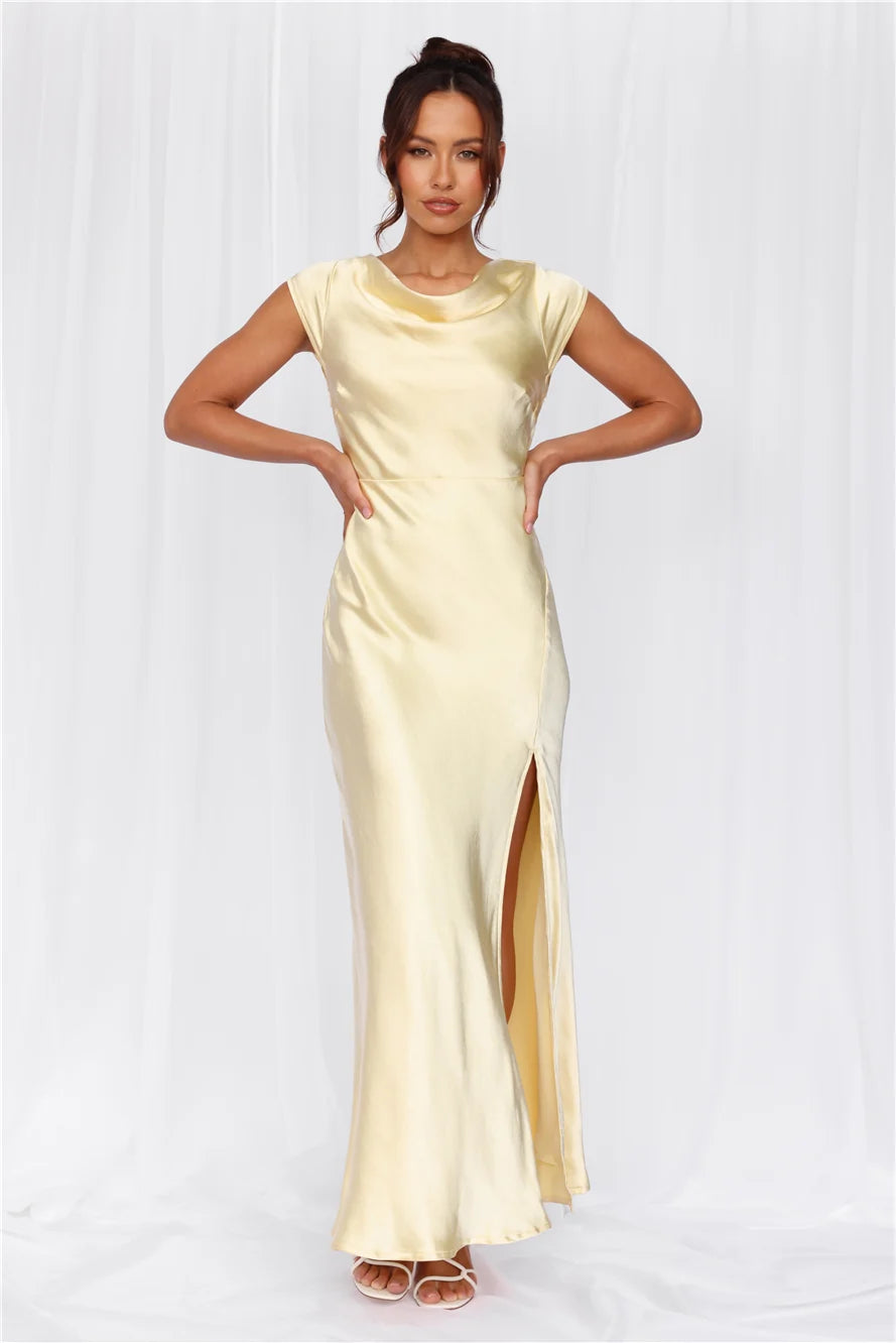 The Valentina Cap Sleeve Satin Maxi Dress Yellow