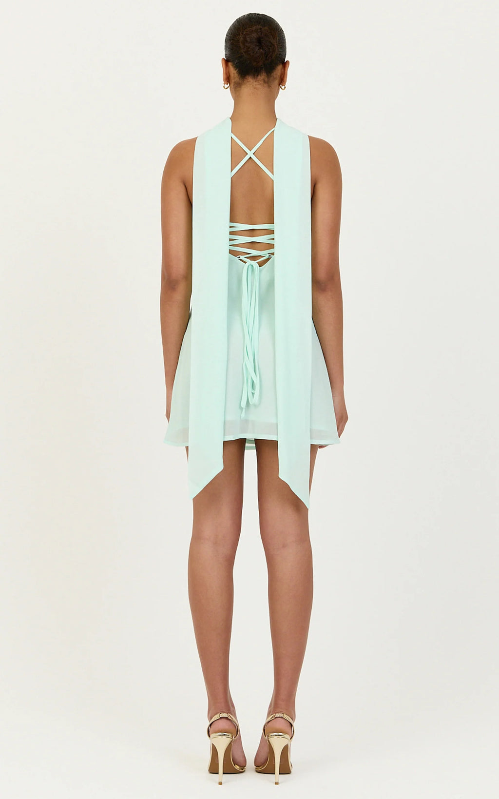 Arin Mini Dress - Satin Contrast Dress With Draped Neck Scarf in Mint