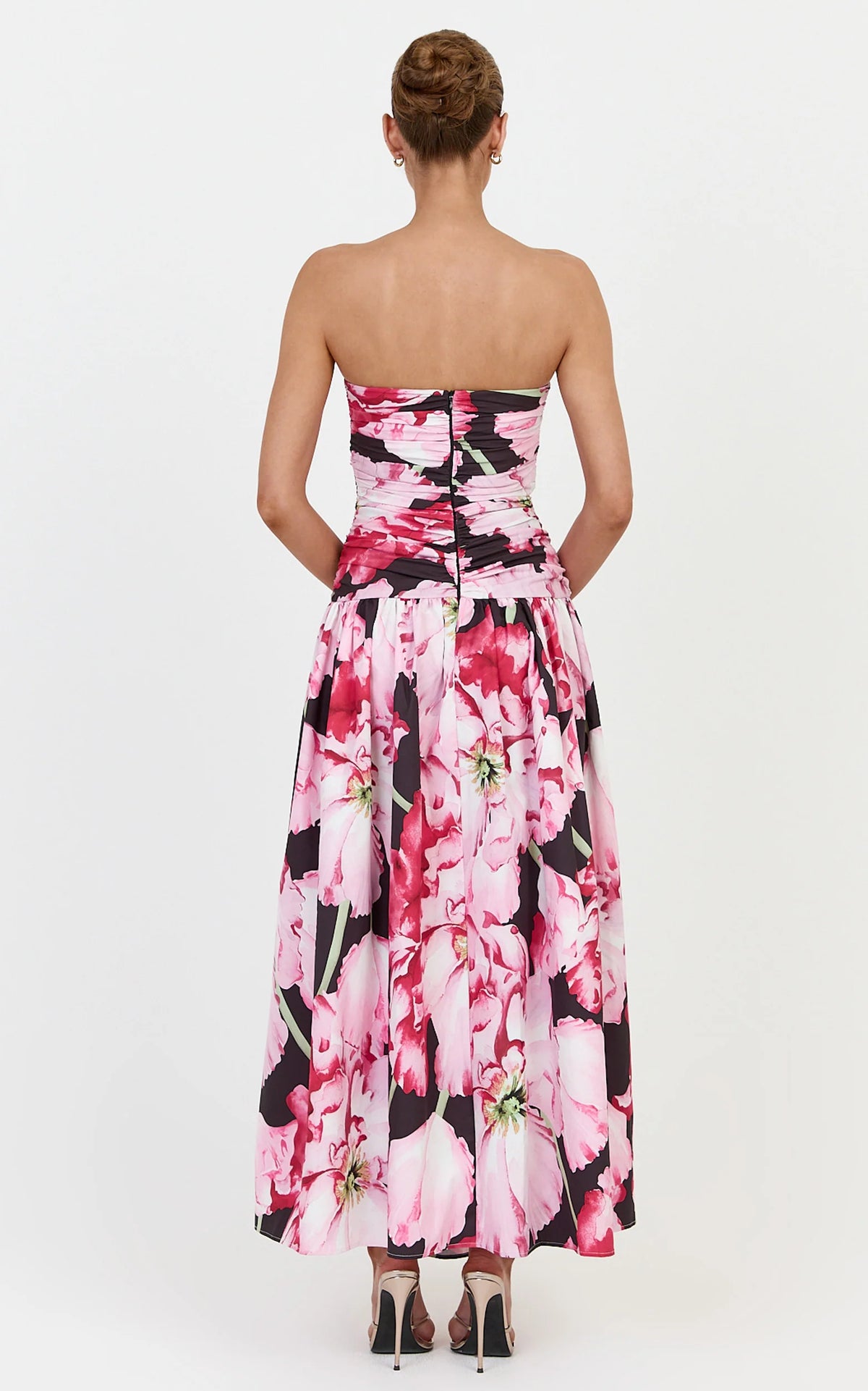 Isadora Midi Dress - Strapless Ruched Front Fit And Flare Dress in Poppy On Black Print