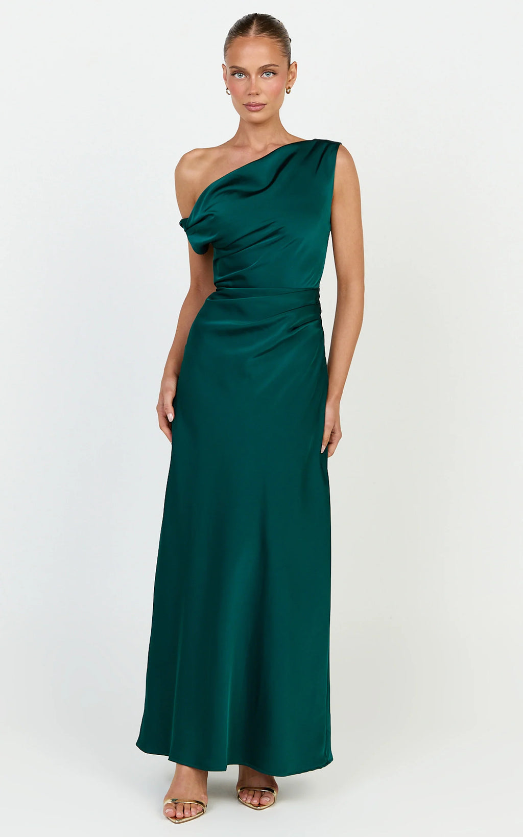 Lira Maxi Dress - One Shoulder Satin Dress in Emerald