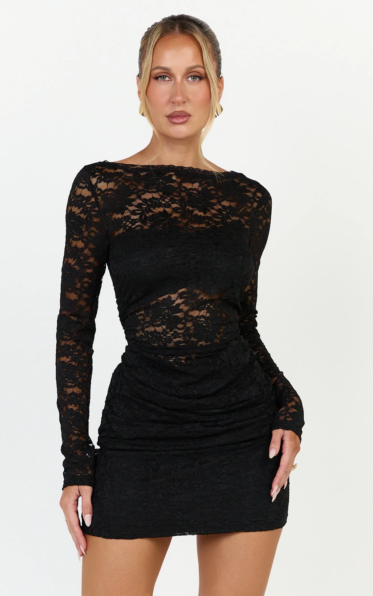 Skye Mini Dress - Lace Long Sleeve Draped Skirt Dress in Black