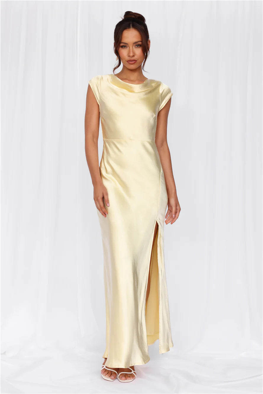 The Valentina Cap Sleeve Satin Maxi Dress Yellow