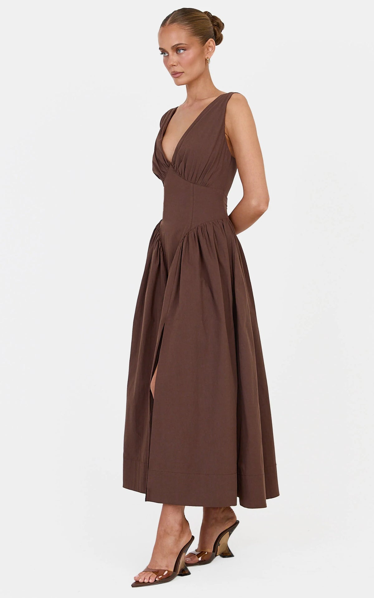 Melody Midi Dress - Cotton V Neck A Line Dress in Chocolate