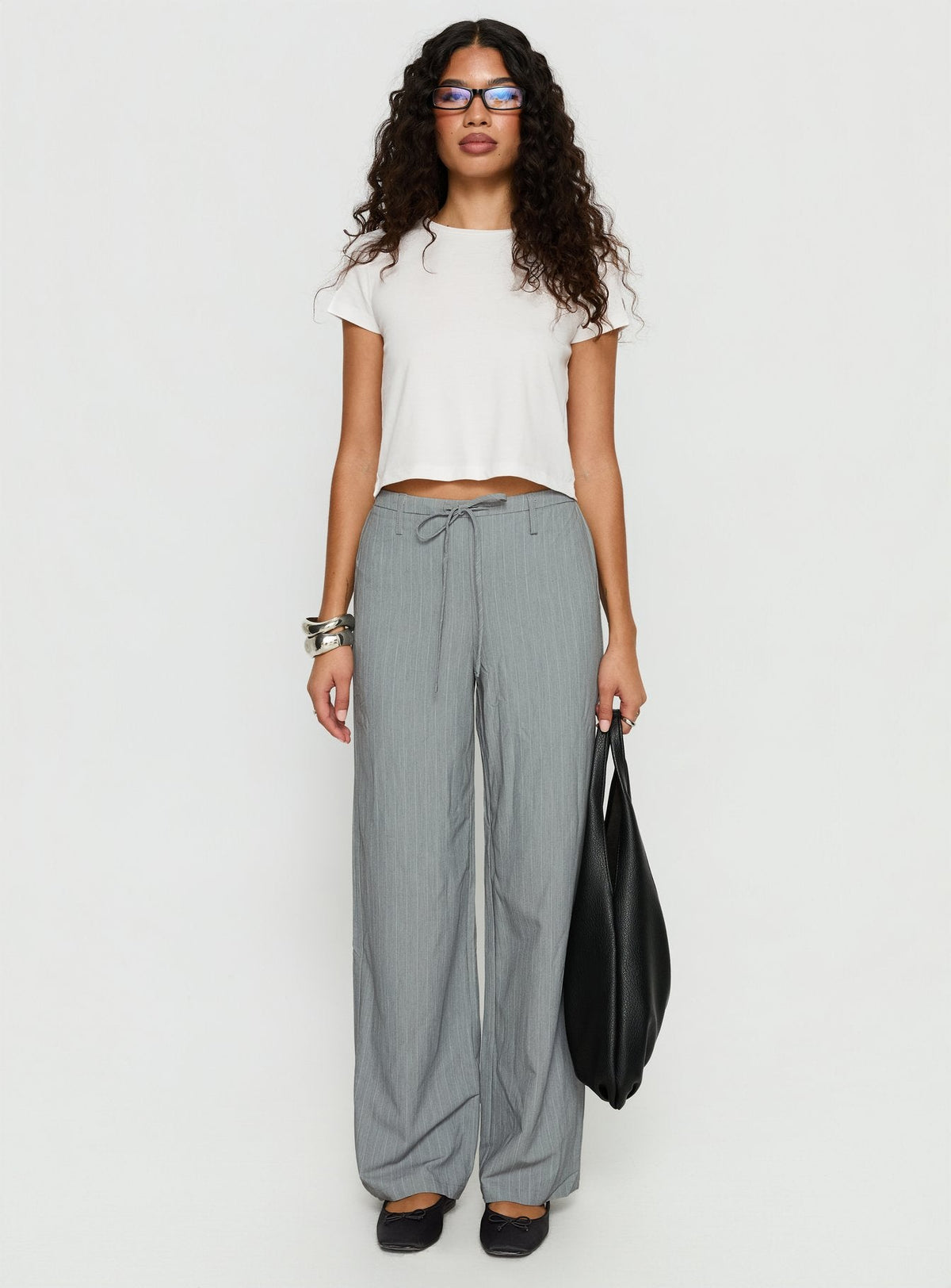 Idolised Tie Waist Pant Grey Pinstripe