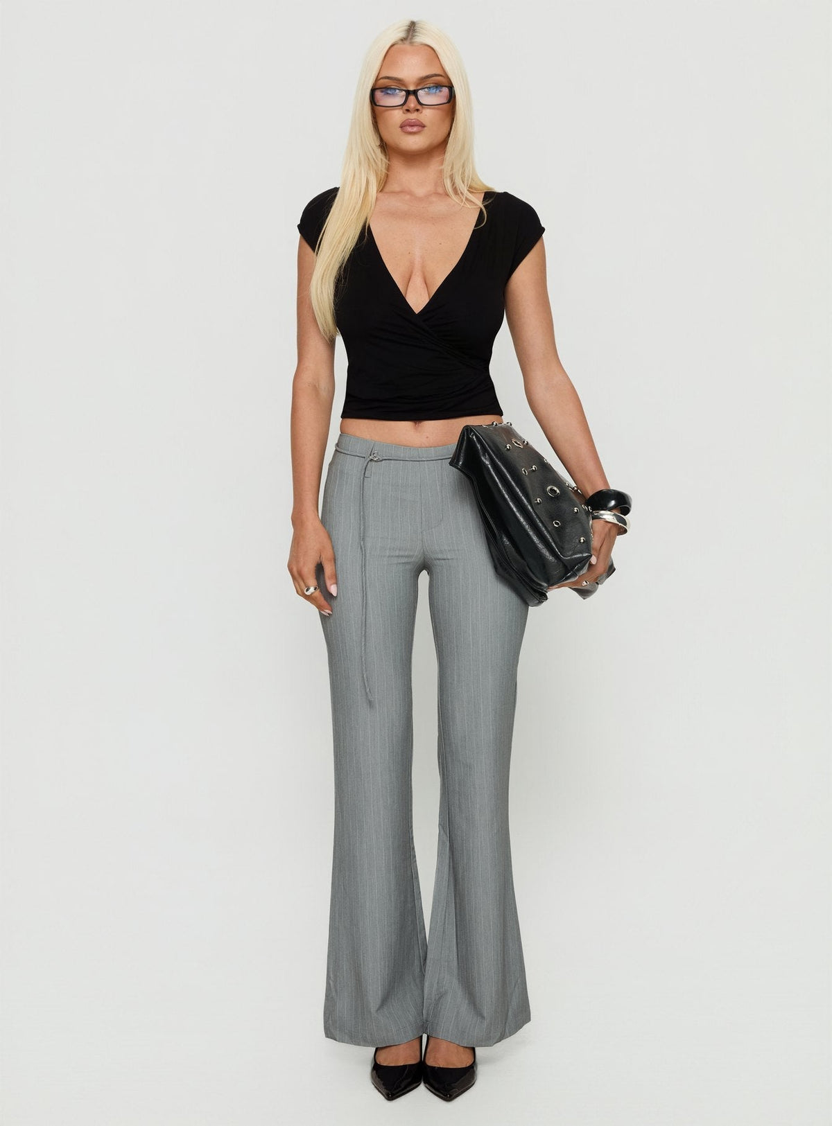 Joanah Tie Waist Pant Grey Pinstripe