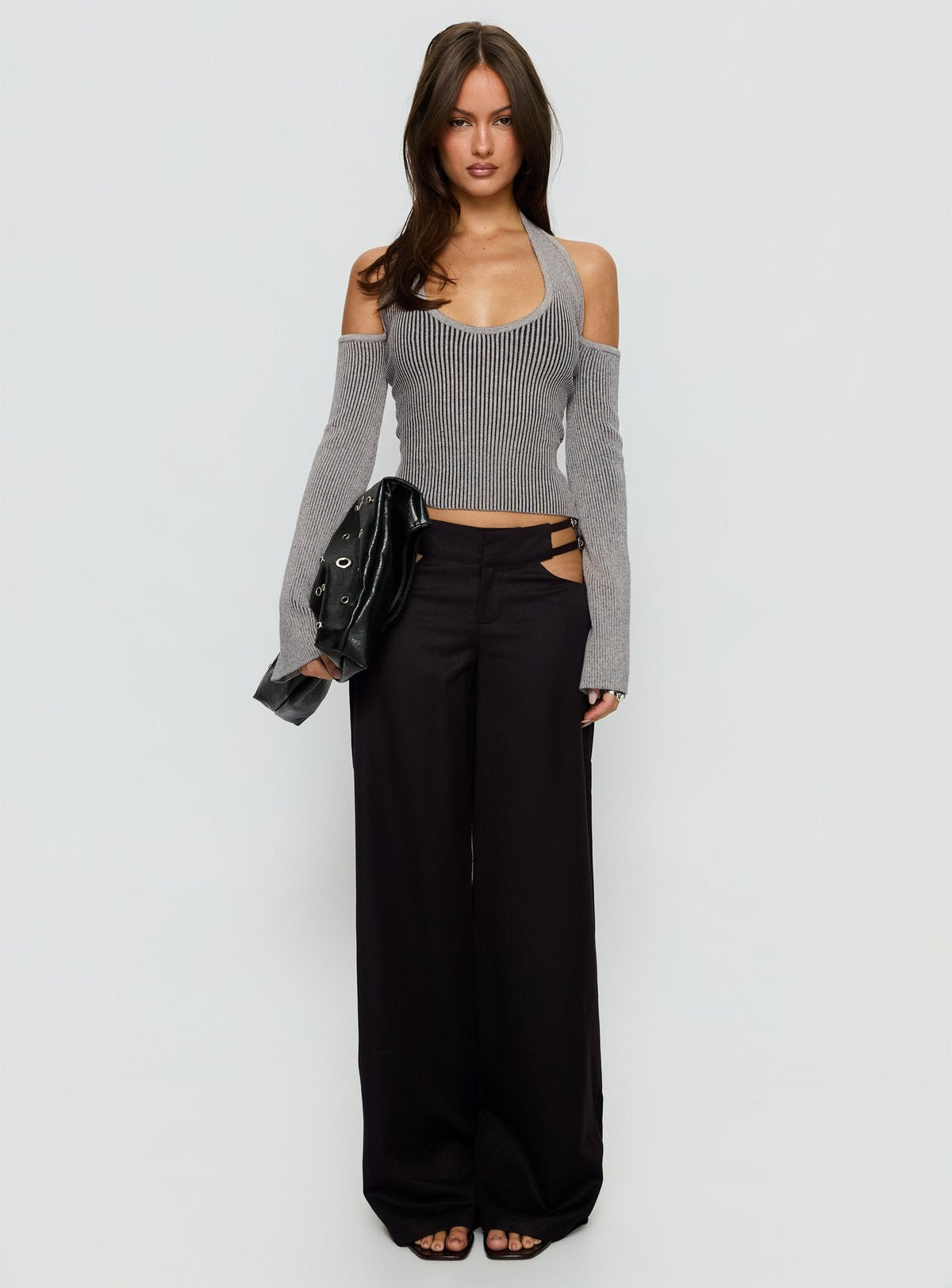 Venicia Belt Detail Suiting Pant Black Pinstripe