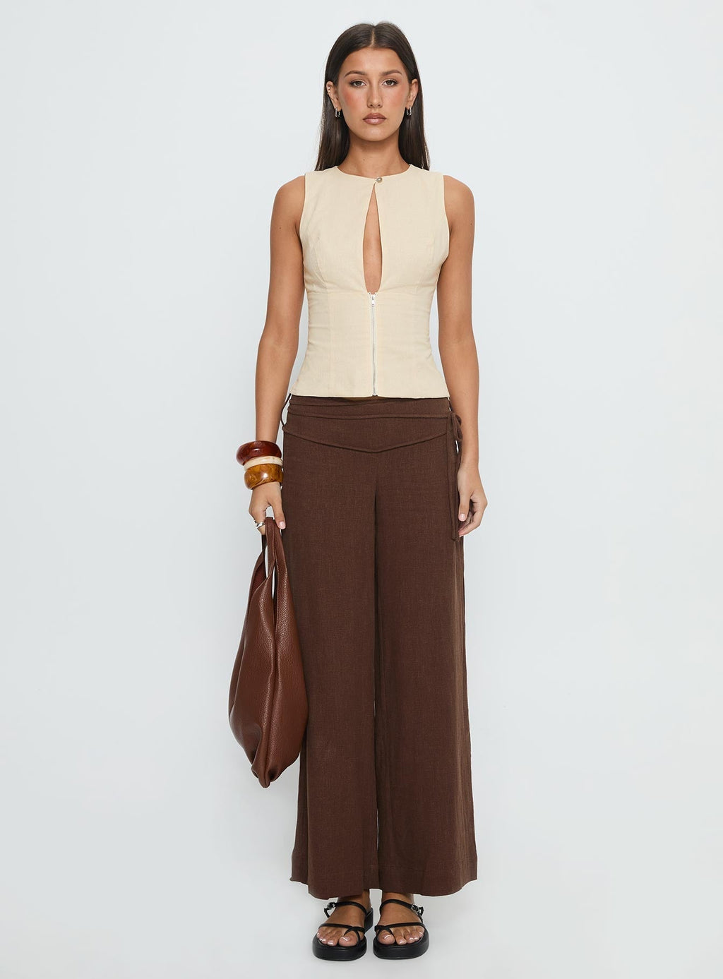 Silver Moon Linen Blend Tie Pants Brown