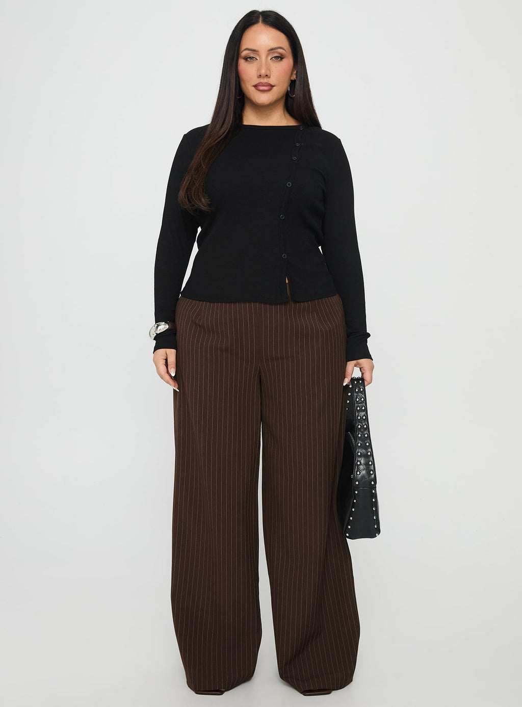 Khane Low Rise Wide Leg Pant Brown Pinstripe Curve