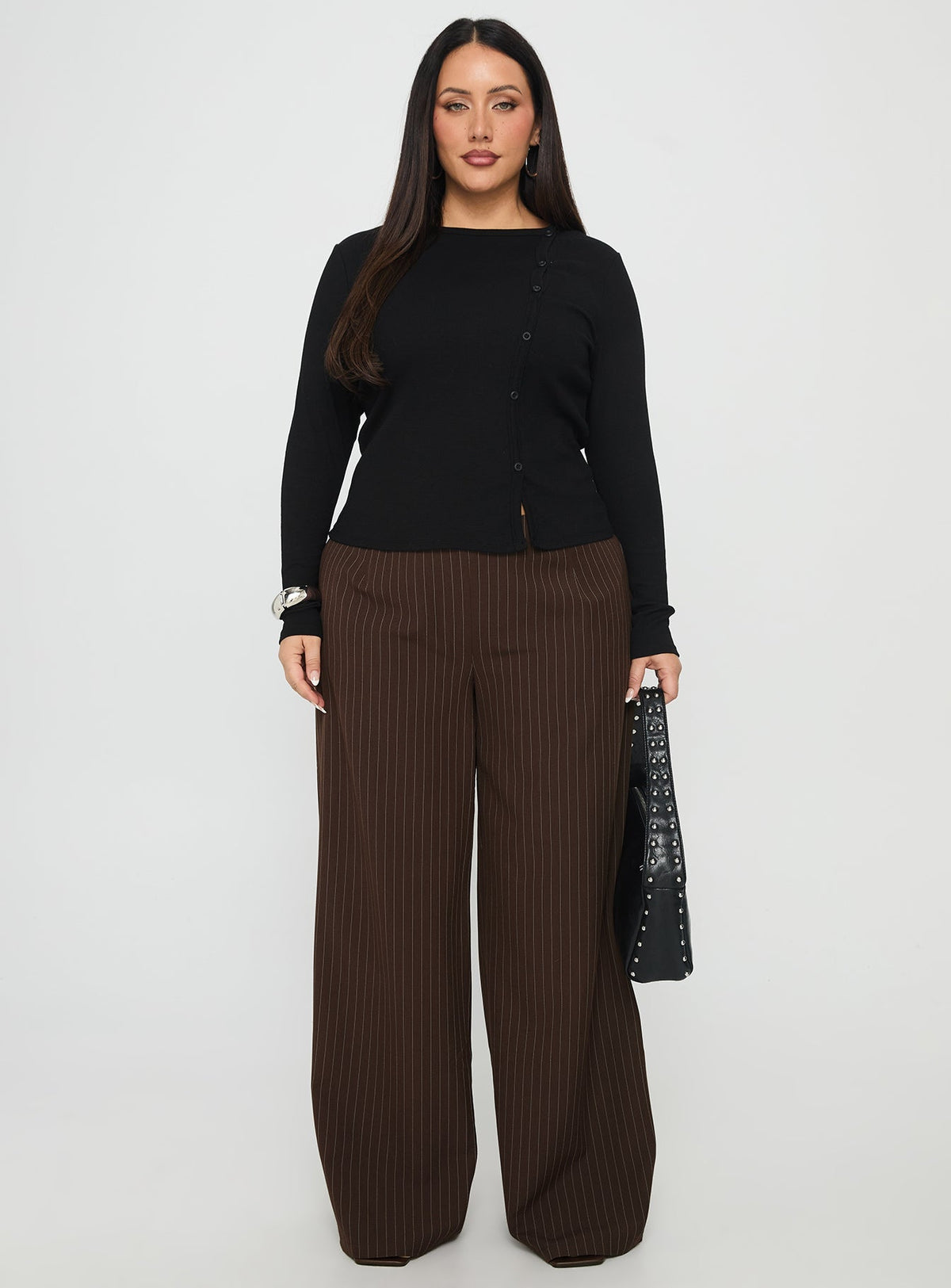 Khane Low Rise Wide Leg Pant Brown Pinstripe Curve