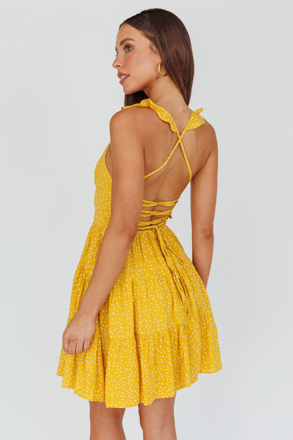 Allegra Fluted Hem Lace-Up Back Dress Yellow