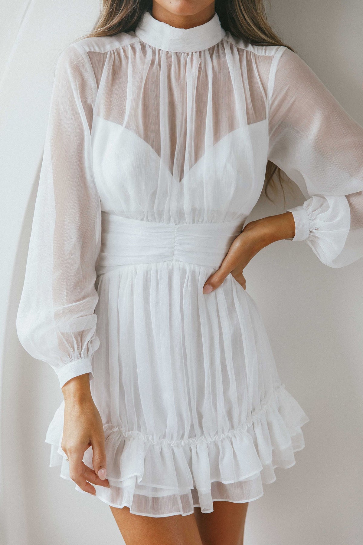 Mandalay High Neck Long Sleeve Waistband Dress White