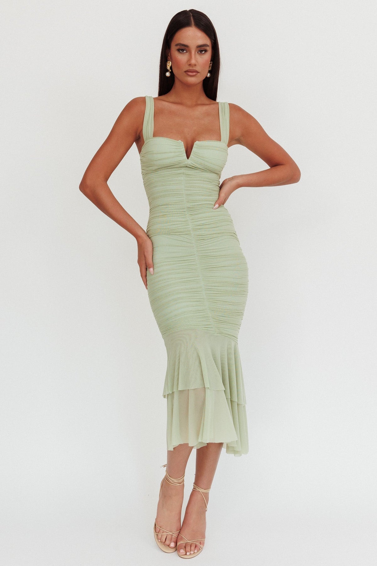 Nadia Ruched Fishtail Maxi Dress Pistachio
