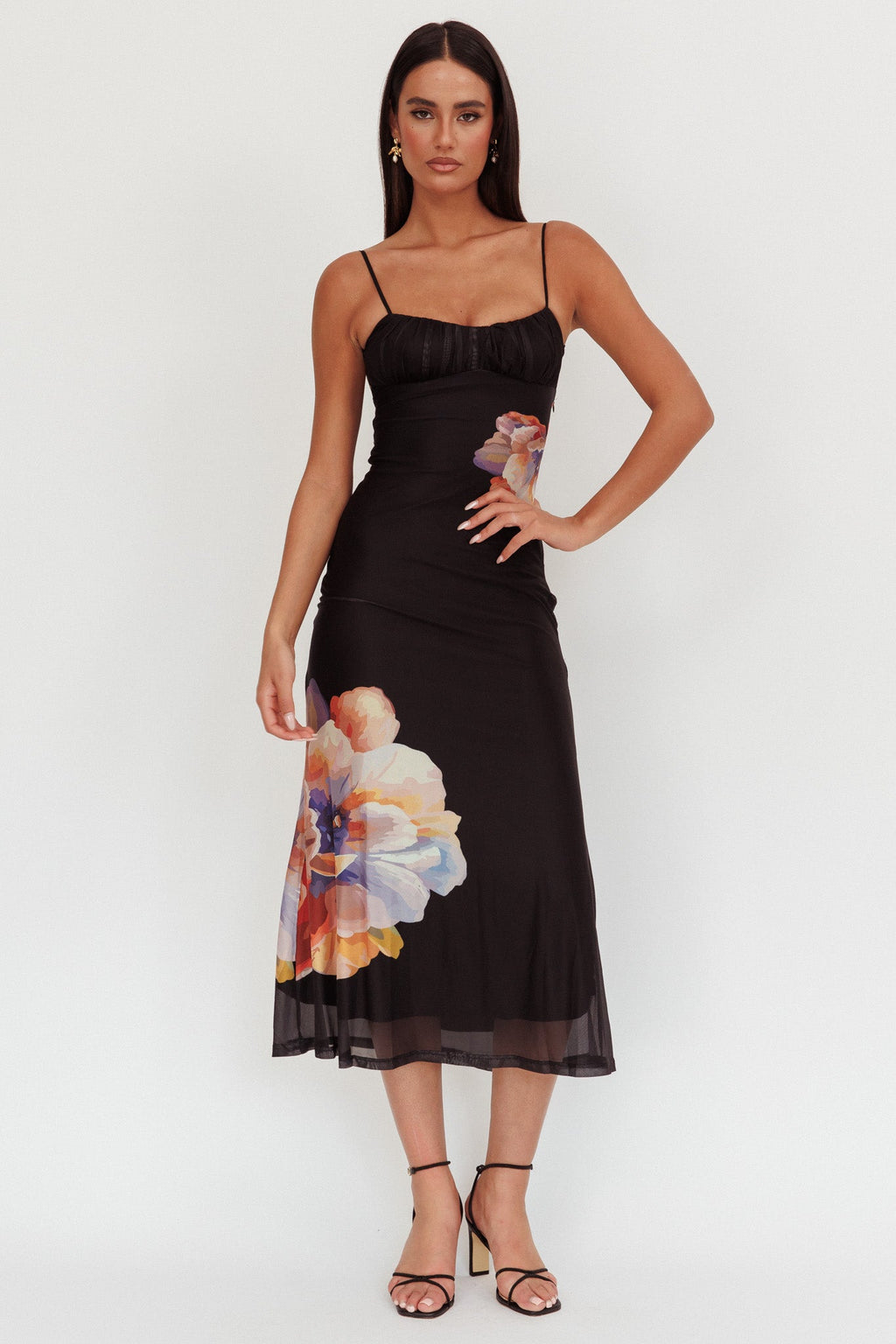 Nerida Gathered Bust Maxi Dress Flowers Black