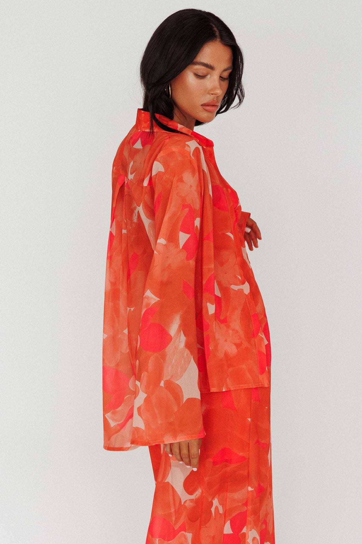 Stasi Flared Cuff Long Sleeve Shirt Floral Orange