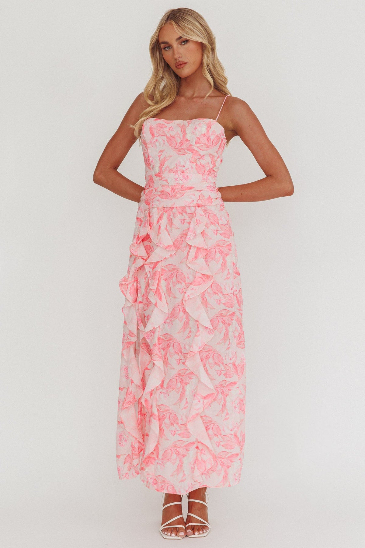 Serif Ruffle Trim Split Maxi Dress Pink