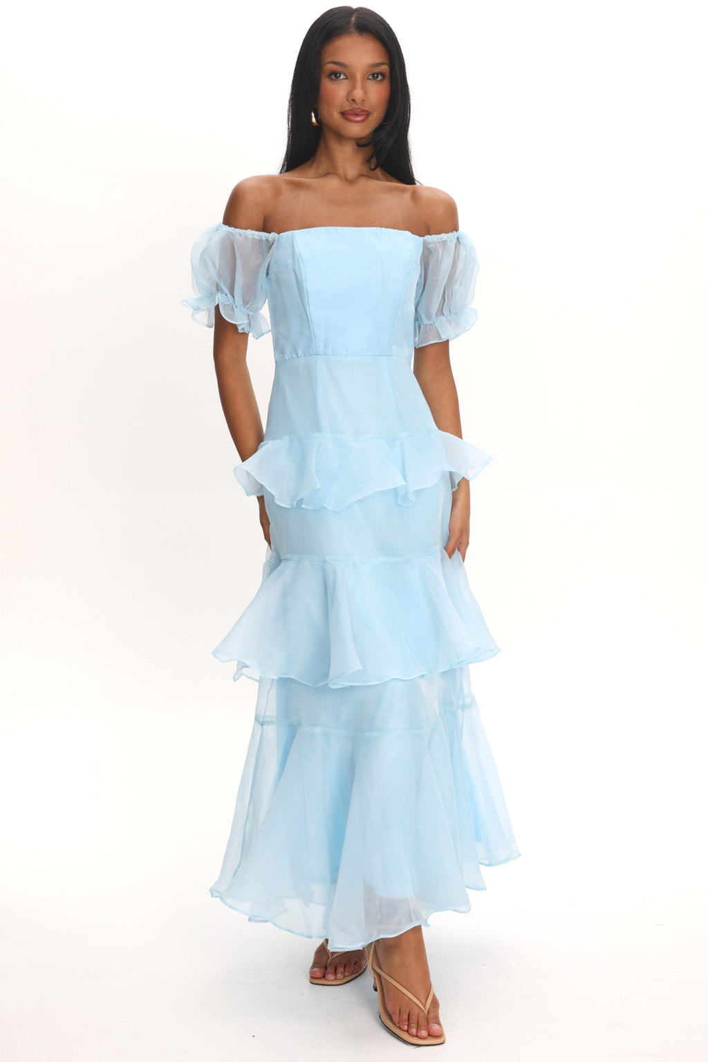 Delwynn Puff Sleeve Layered Midi Dress Blue