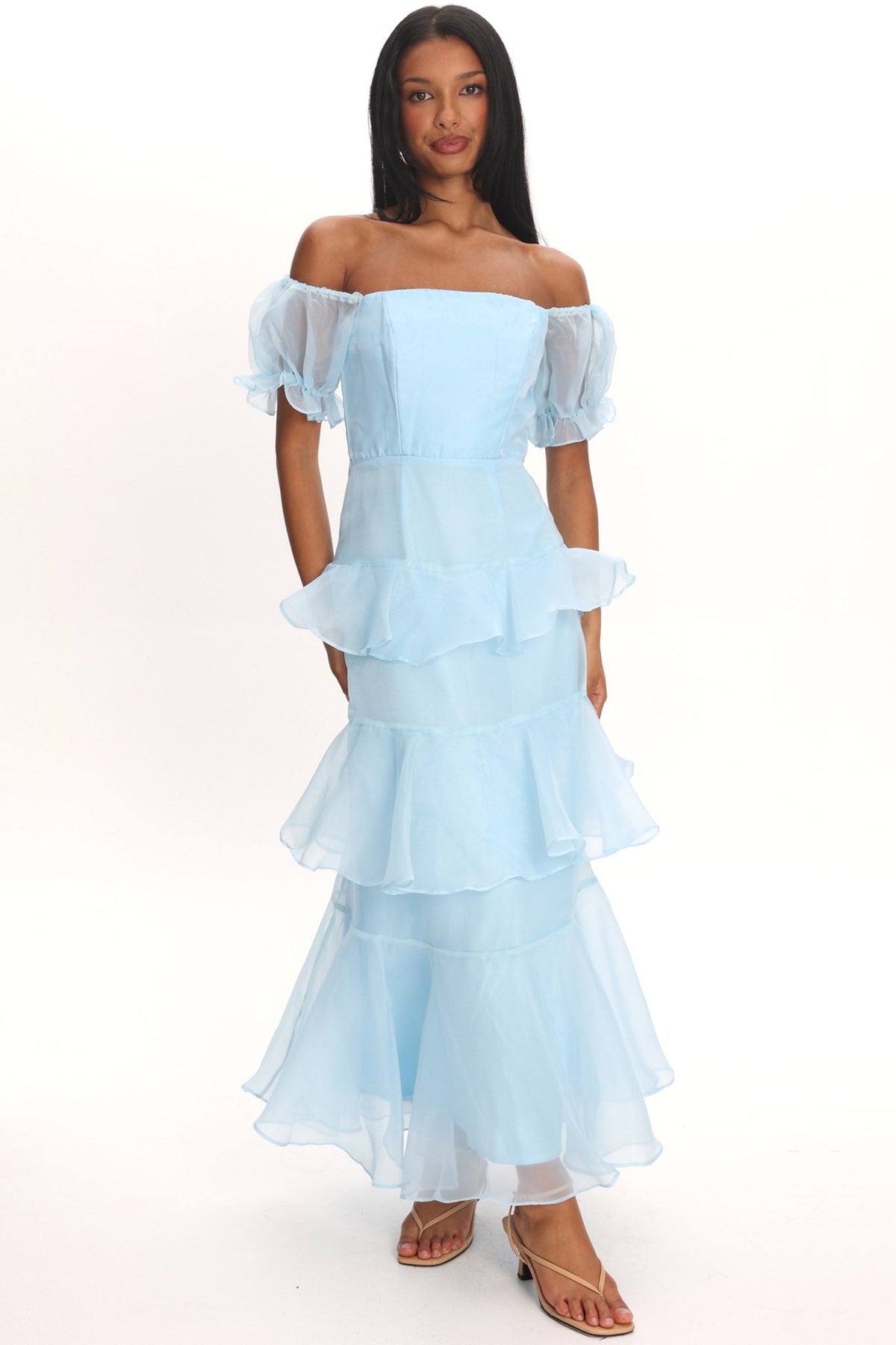 Delwynn Puff Sleeve Layered Midi Dress Blue