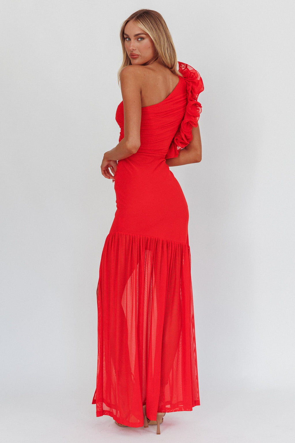 Deanna One-Shoulder Sheer Hem Maxi Dress Red