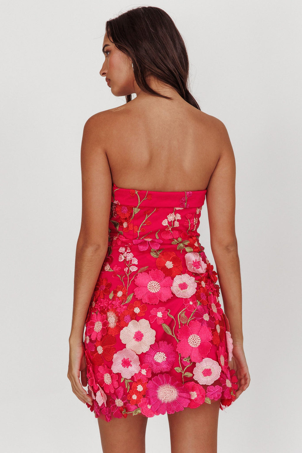 Flora Day Strapless Floral Embellished Mini Dress Fuchsia