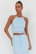 Helios Halterneck Shirred Sequin Top Blue