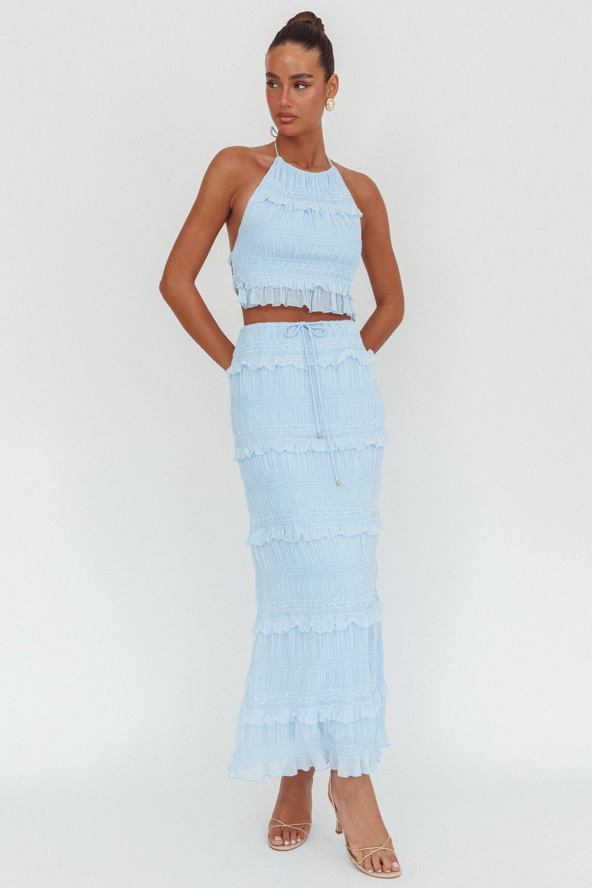 Helios Halterneck Shirred Sequin Top Blue