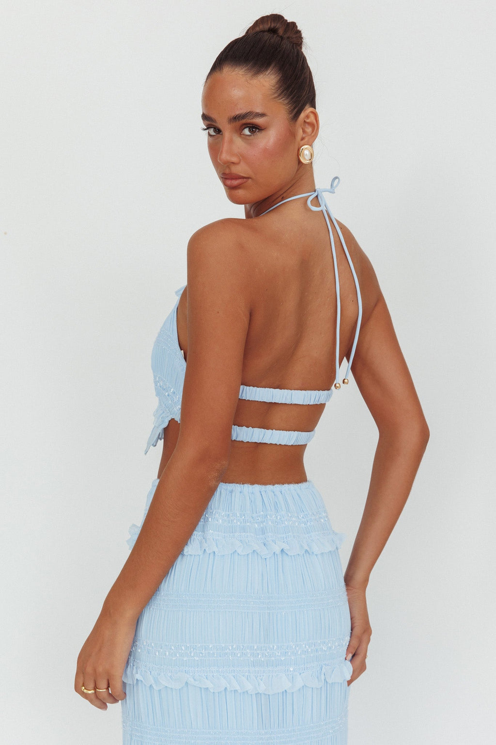Helios Halterneck Shirred Sequin Top Blue
