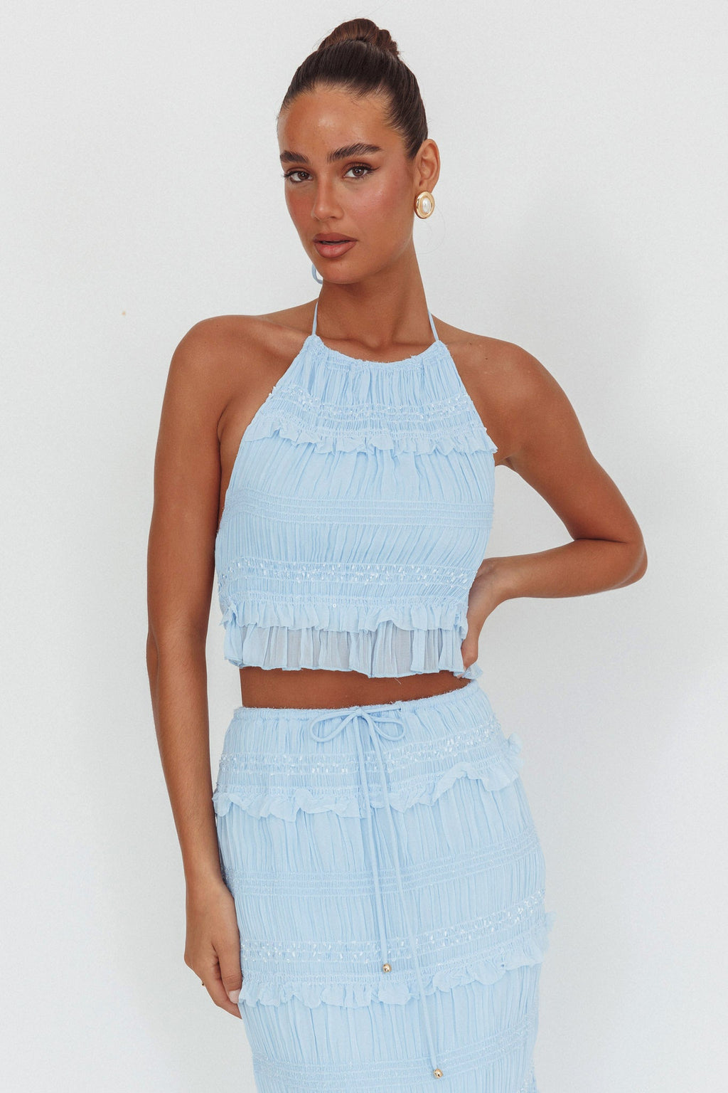 Helios Halterneck Shirred Sequin Top Blue