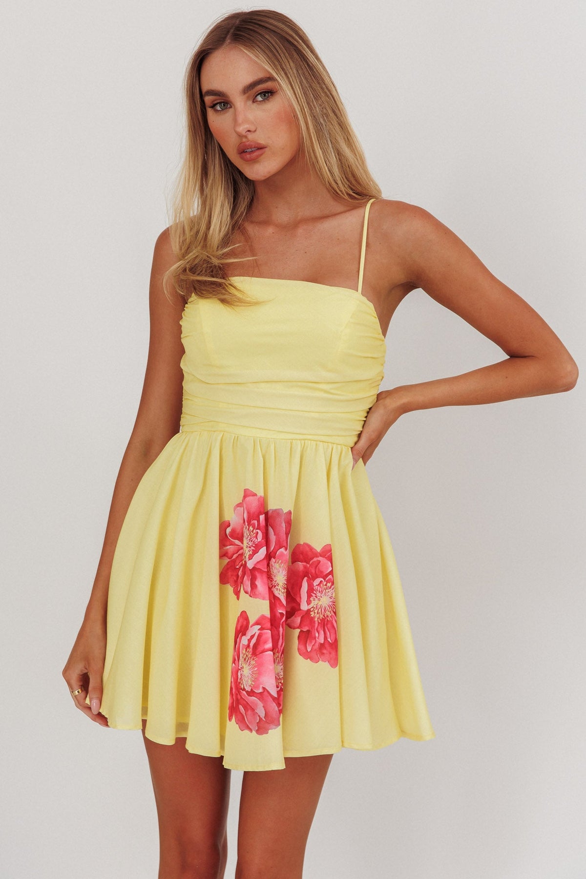 Festivity Flared Bow Floral Mini Dress Yellow
