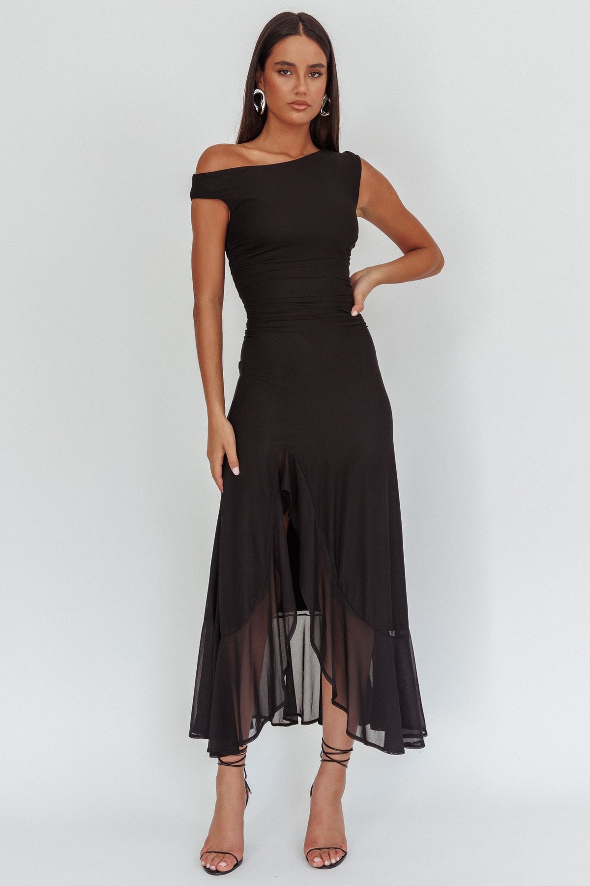 Moonlit Magic Asymmetric Neckline Maxi Dress Black