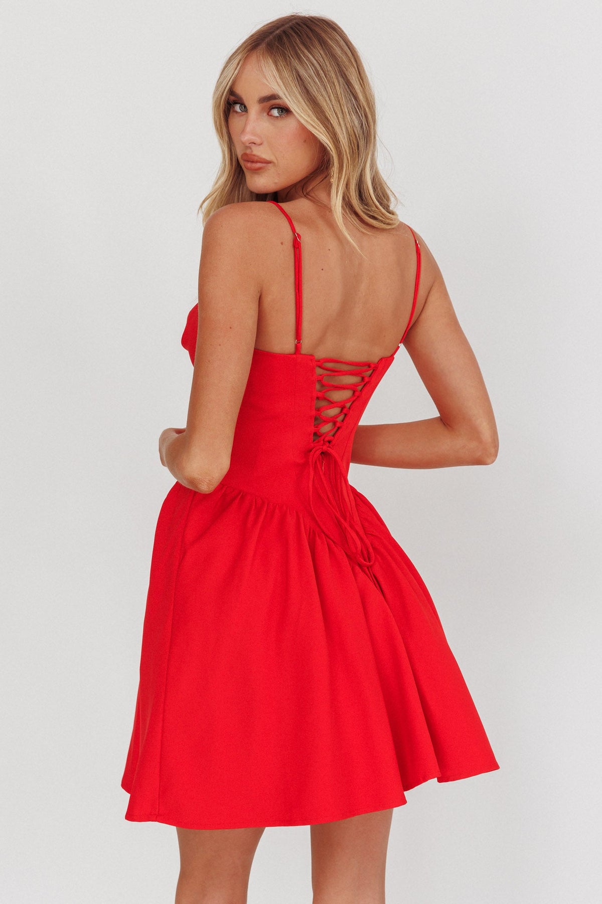 Star Signs Lace-Up Back Mini Dress Red