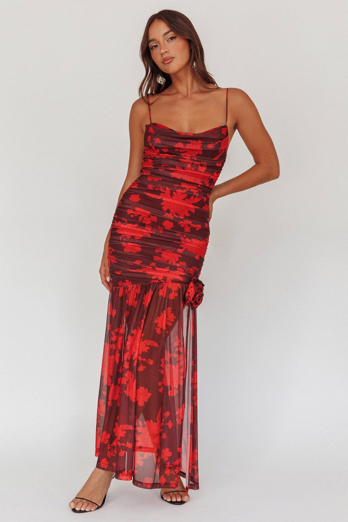 Stole The Show Ruched Mesh Maxi Dress Floral Red