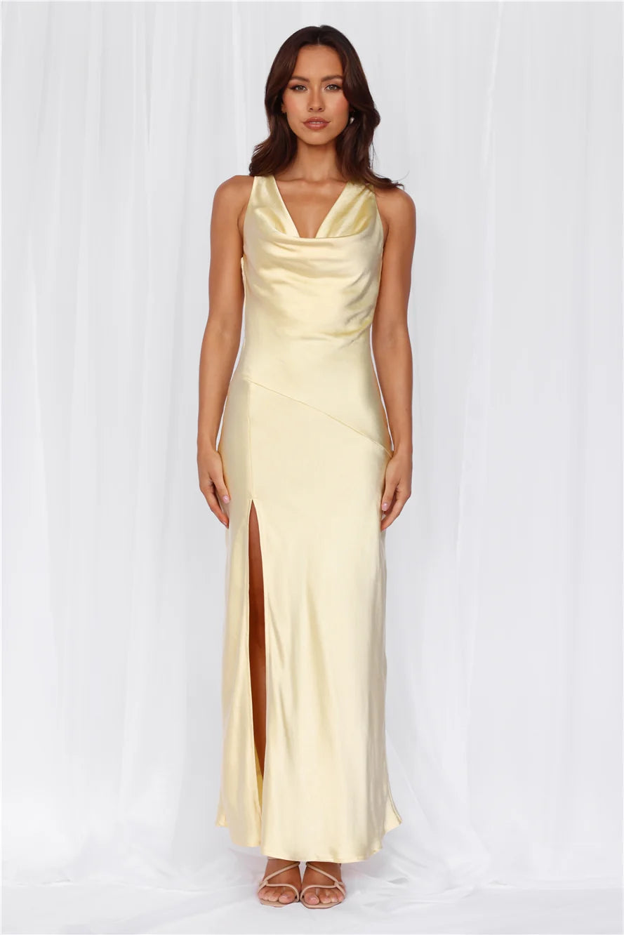 The Loretta Cowl Satin Maxi Dress Yellow