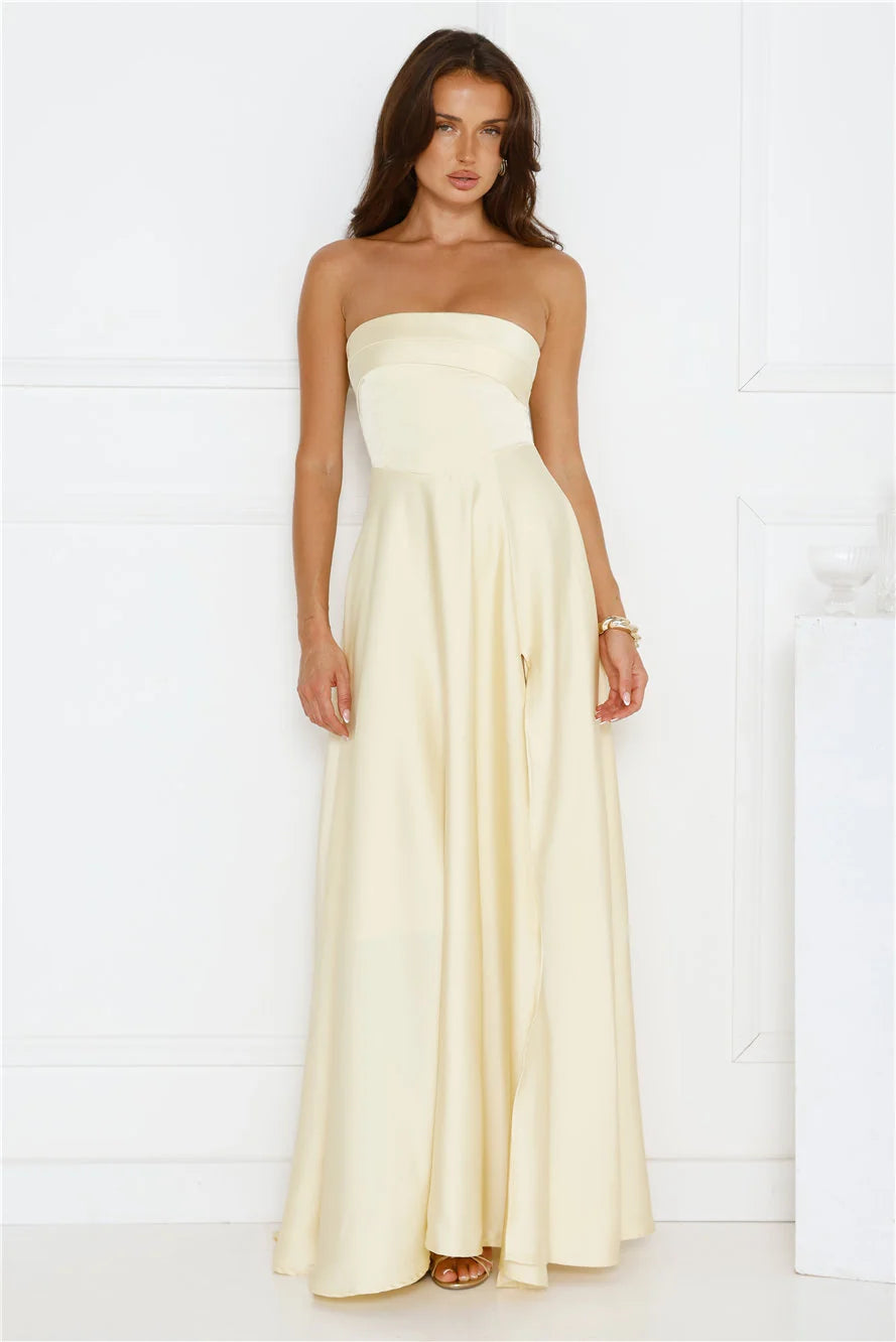 Unspoken Wishes Strapless Satin Maxi Dress Yellow