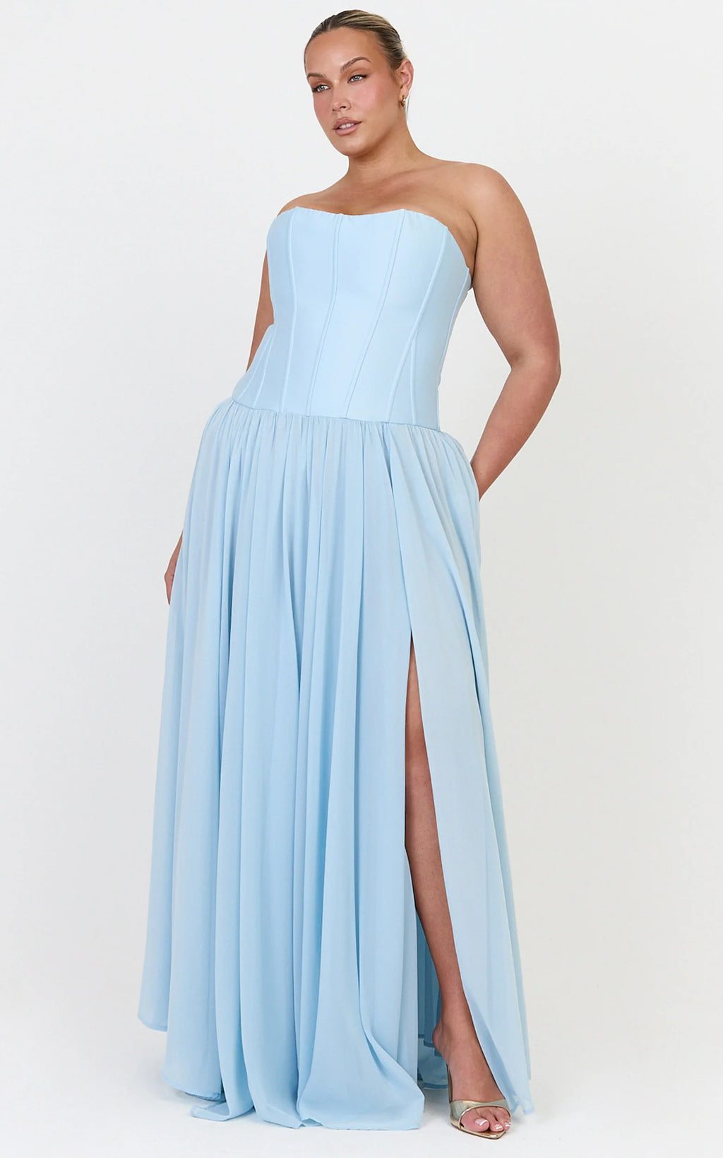 Eugene Maxi Dress - Contrast Strapless Fit And Flare High Split Dress in Blue