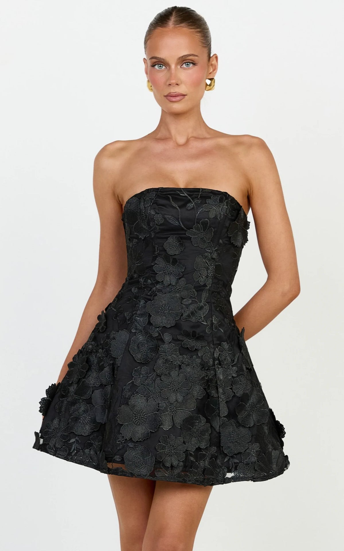 Cosima Mini Dress - Strapless 3D Floral Fit And Flare Dress in Black