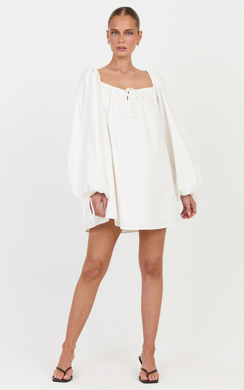 Brixton Mini Dress - Square Neck Smock Dress in White