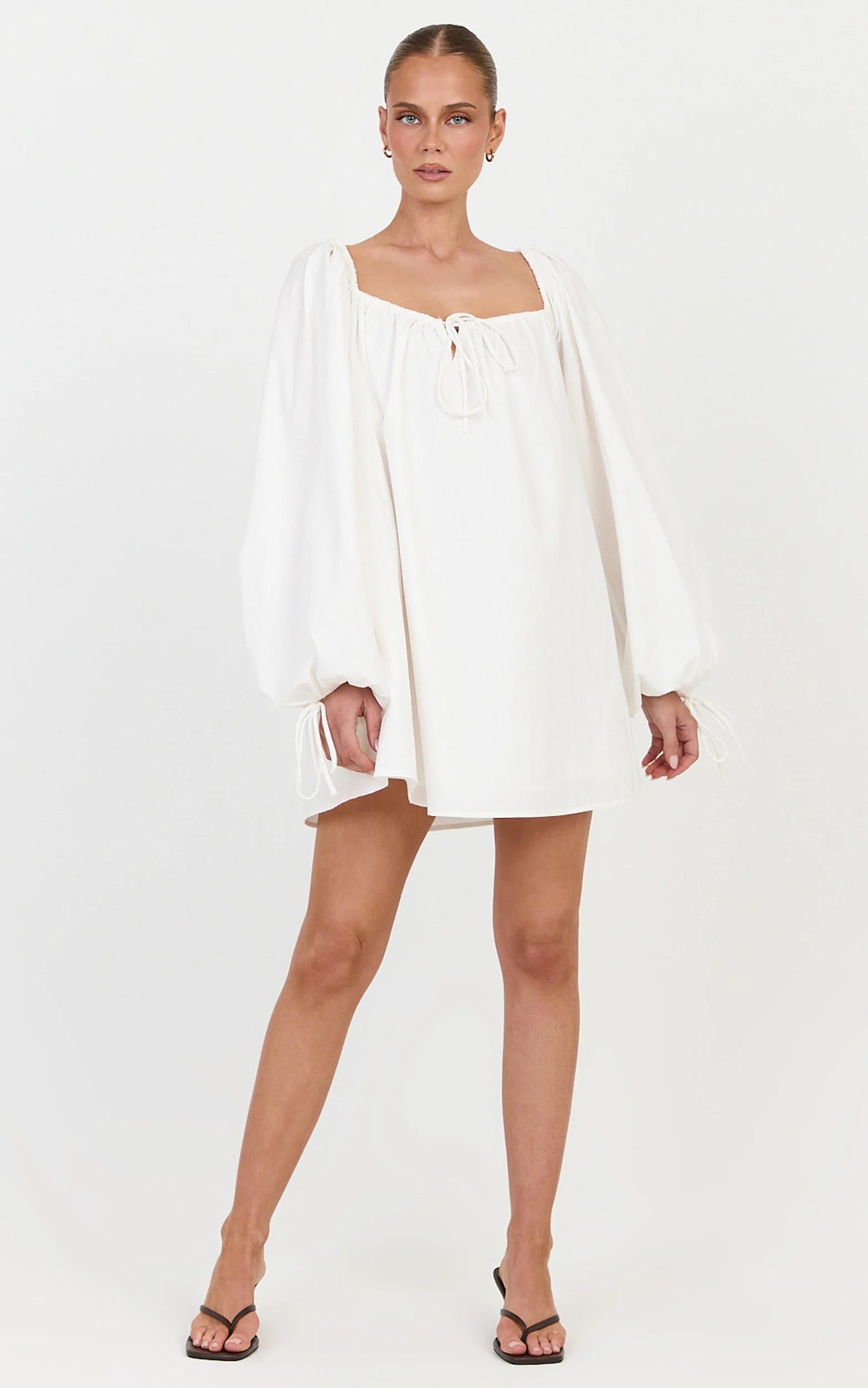 Brixton Mini Dress - Square Neck Smock Dress in White